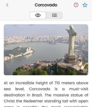 Travo app interface with Corcovado insights and stories.